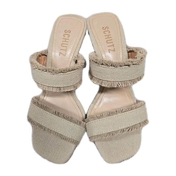 Schutz Amely Linen Double Strap Slip On High Heel Sandals Beige Oyster Size 6 - Picture 2 of 8